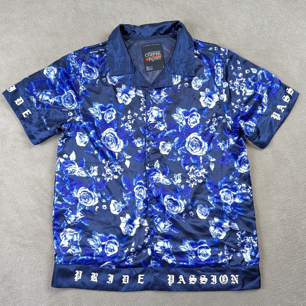 Copper Rivet Floral Rose Shirt Mens L Navy Blue Satin Pride Passion Streetwear